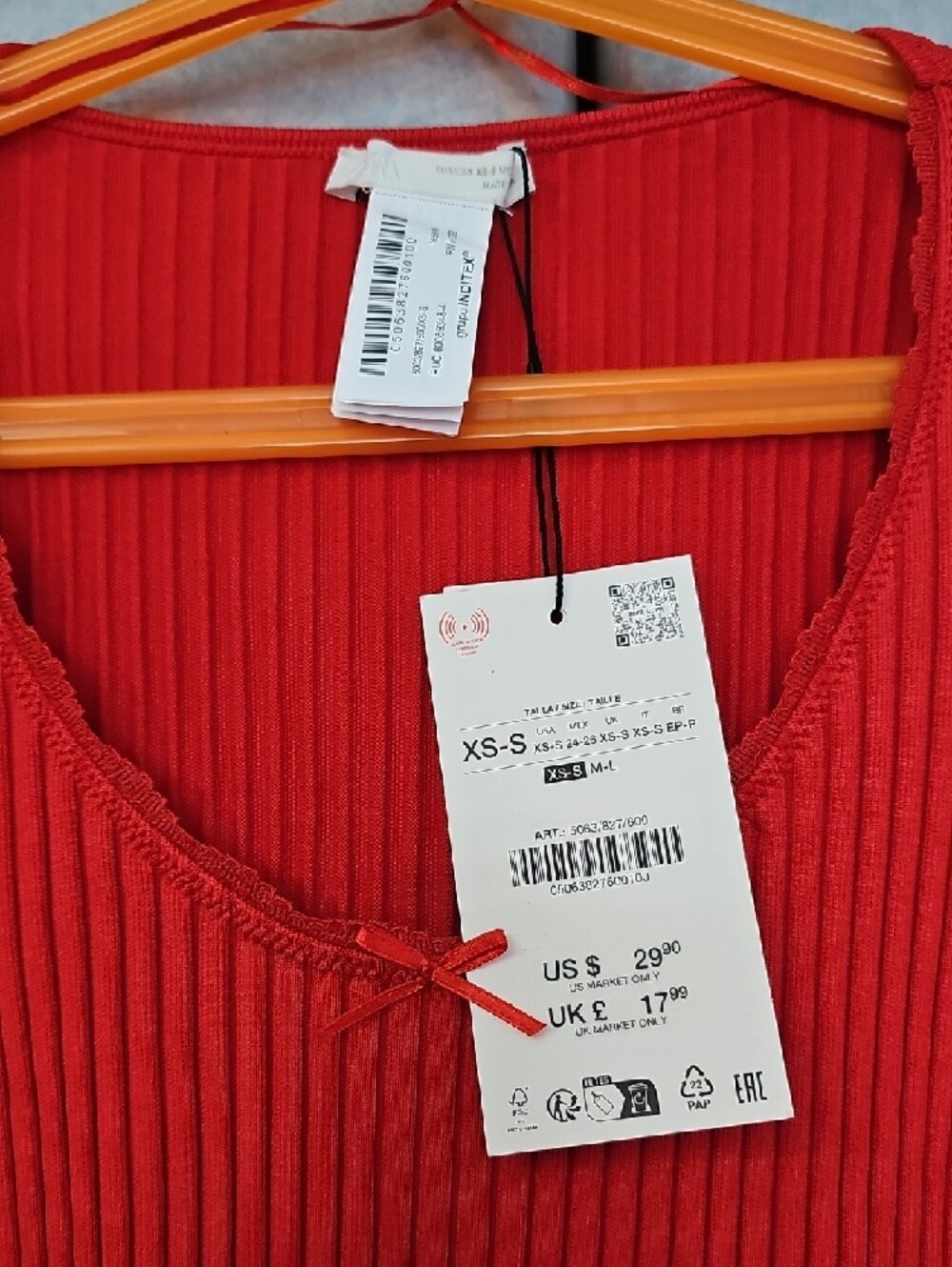 Zara Seamless Lace T-Shirt With Bow, Red, XS-S - Picture 4 of 5